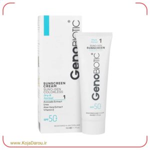 کرم ضد آفتاب بی رنگ SPF50 پوست خشک ژنوبایوتیک Geno Biotic حجم 50 میلی لیتر